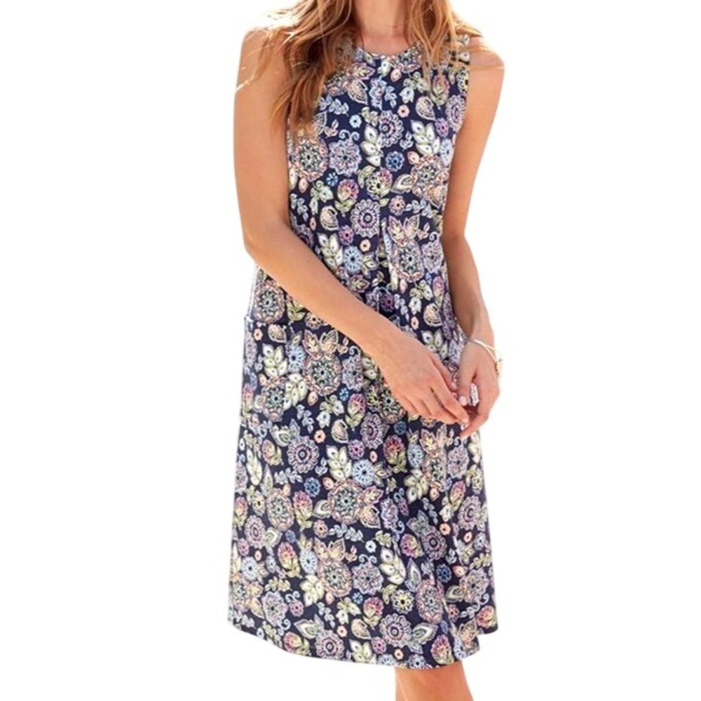 J. Jill Navy Paisley Floral A-Line Dress Sleeveless Pockets Boho Summer M b5